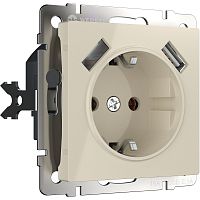 Розетка с заземлением +2хUSB тип A+A без рамки Werkel 1-м. шторки слоновая кость глянцевый картинка